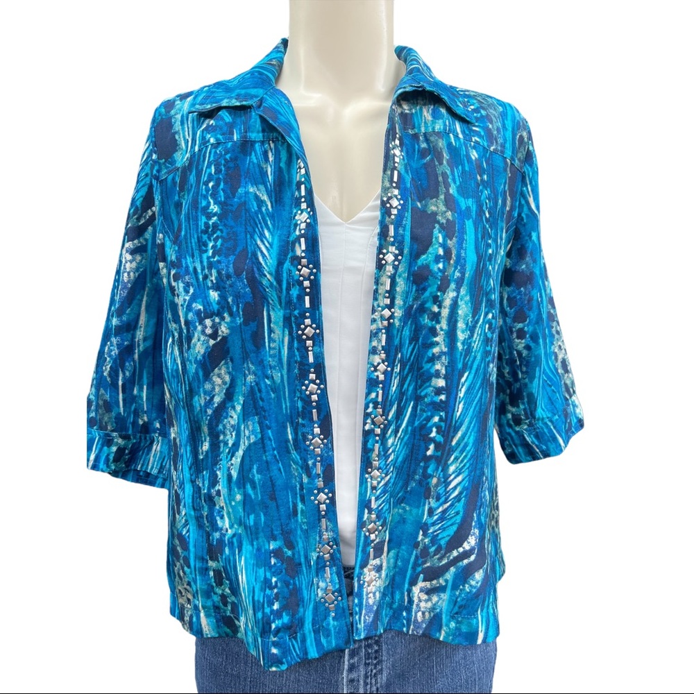 N Touch Petite elbow length sleeves blue leopard shirt size 14